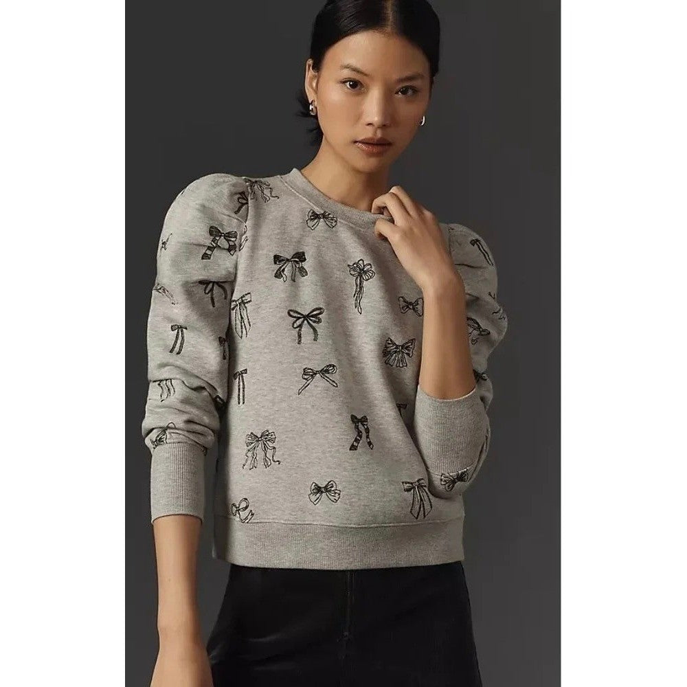 Anthropologie MAEVE Puff Sleeve Embroidered Bow Pattern Sweatshirt Top Small