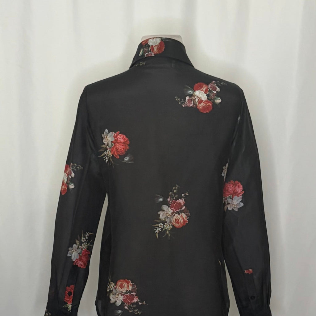 THE KOOPLES Silk Blend Black Floral Buttondown Top Blouse Button Down 0 / XS