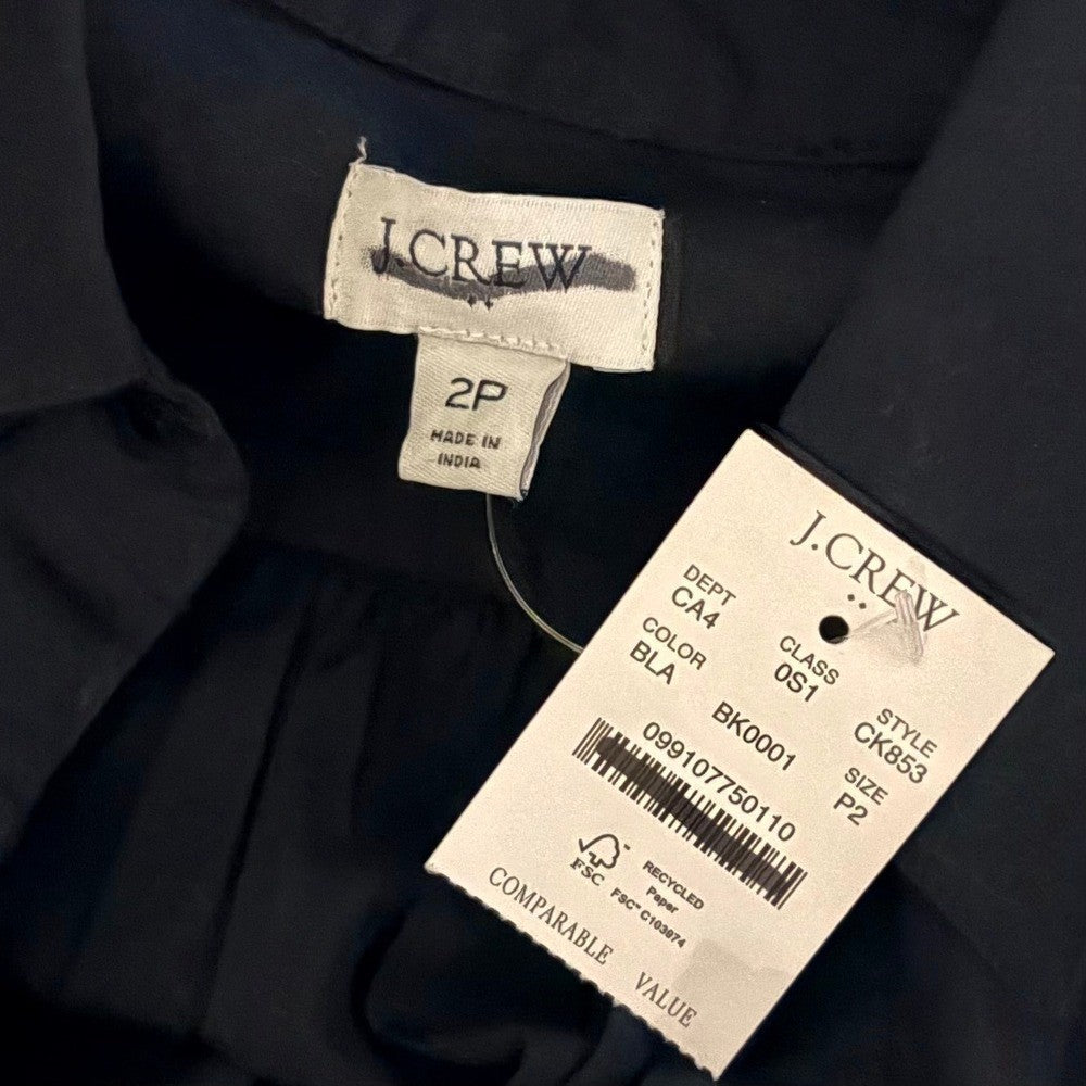 NWT!! J. CREW Factory Ruffle Sleeve Mini Shirtdress Solid Black 2P 2 Petite