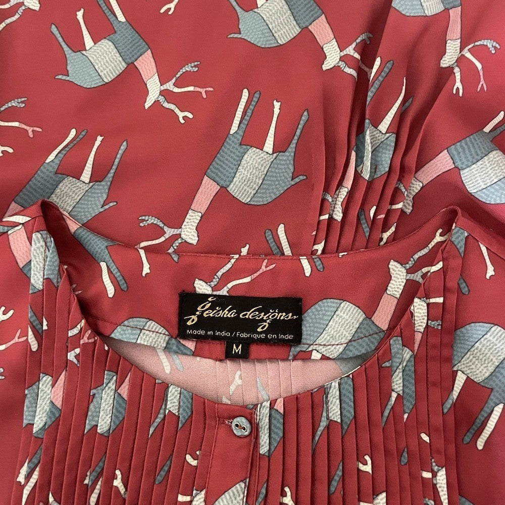 Anthropologie GEISHA DESIGNS Reindeer Deer Print Pleated Top Blouse Medium