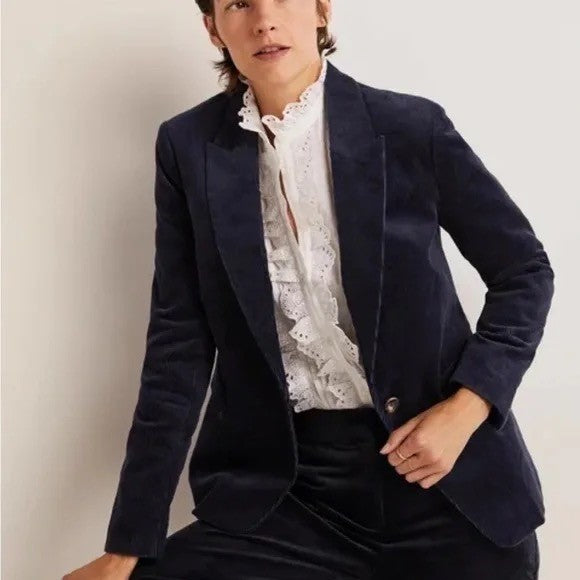 BODEN Navy Blue Corduroy Blazer Jacket Single Button Flap Pockets Preppy Size 10