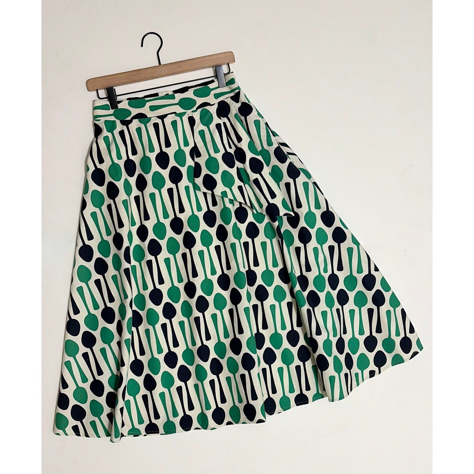 Anthropologie EVA FRANCO Spoons Print Midi Skirt Navy Blue Kelly Green Spoon 8