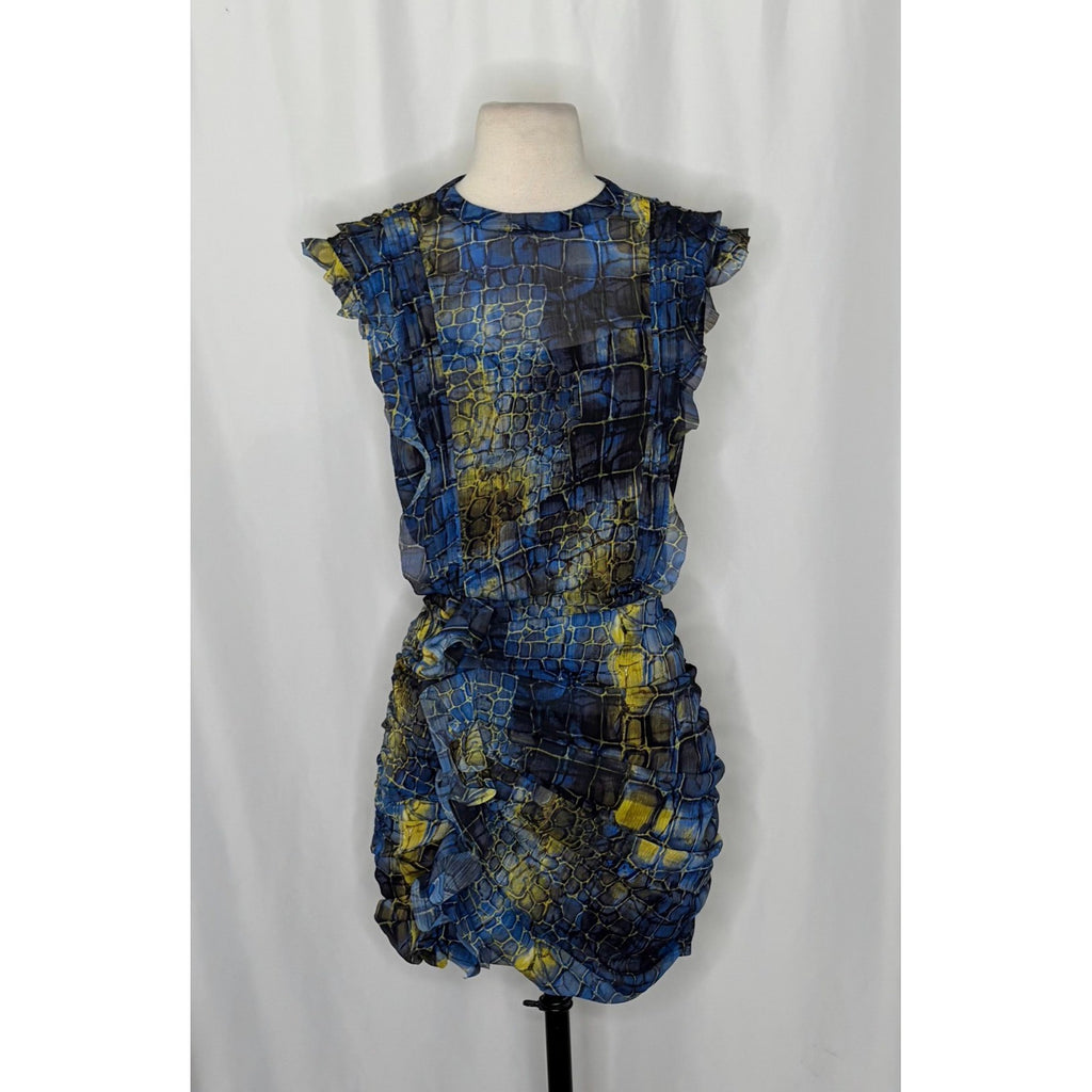 ALL SAINTS Hali Mirus Mini Dress Snakeskin Yellow Blue Ruffled Allsaints Size 4