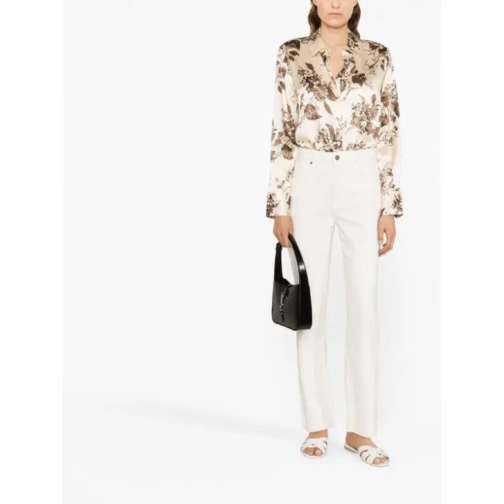 REFORMATION Silk Floral Print Blouse Top Buttondown Cream Brown Chic Large