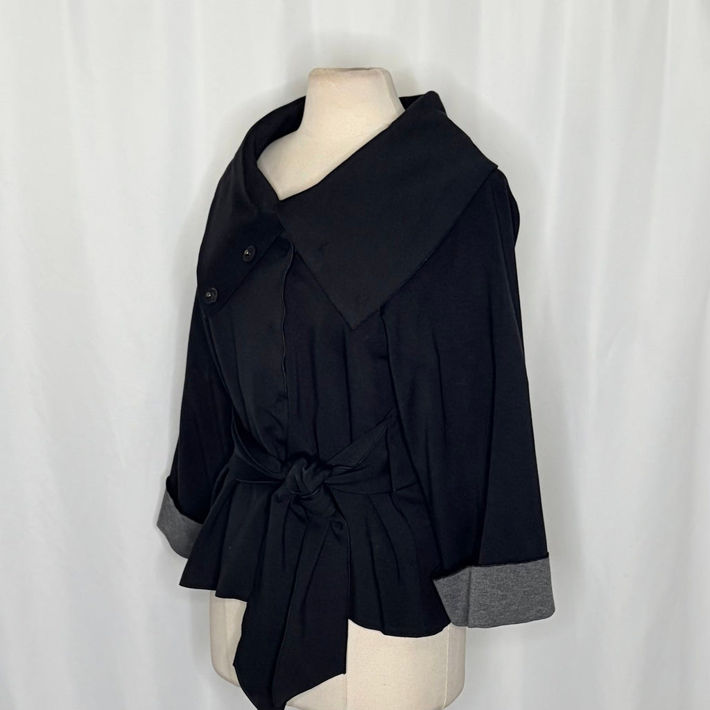 THEORY Sheena Solid Black Belted Jacket Snap Closures Viscose Knit Stretch Large