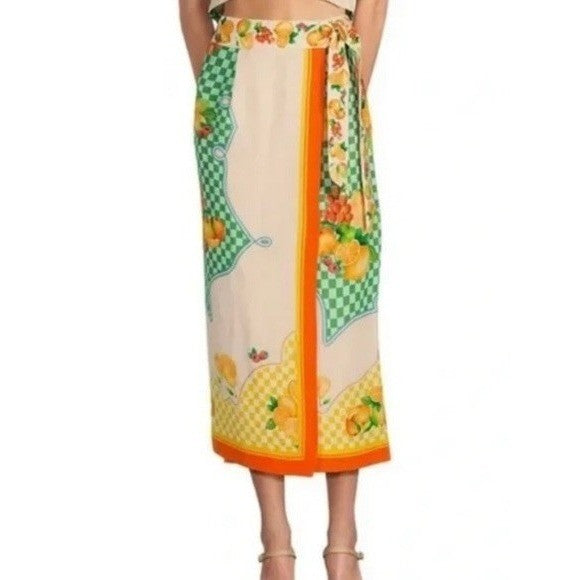 NWT!! ANTONIO MELANI Clio Wrap Skirt Linen Citrus Bliss Midi Fruit Checkered 0