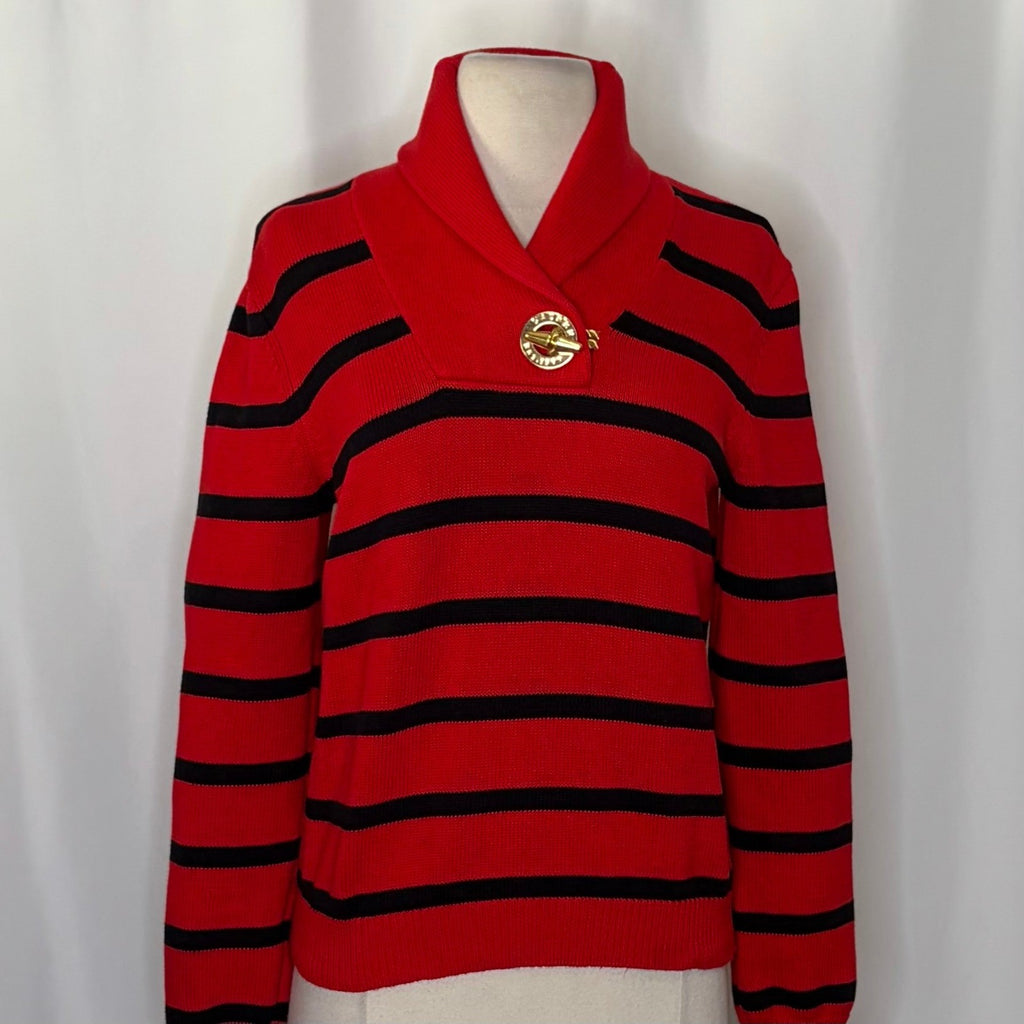 Lauren RALPH LAUREN Red Navy Blue Stripe Shawl Collar Sweater Knit Medium