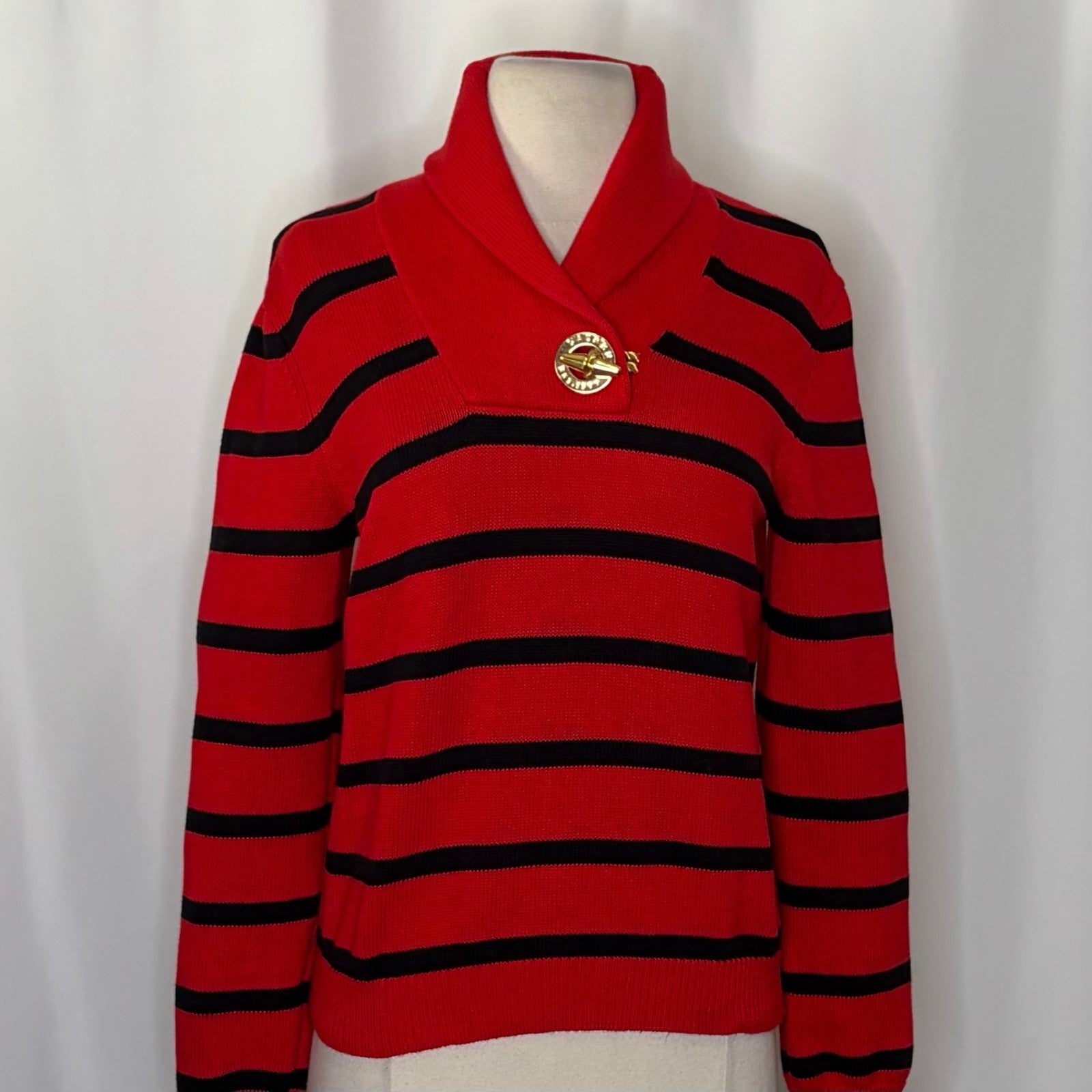 Lauren RALPH LAUREN Red Navy Blue Stripe Shawl Collar Sweater Knit Medium