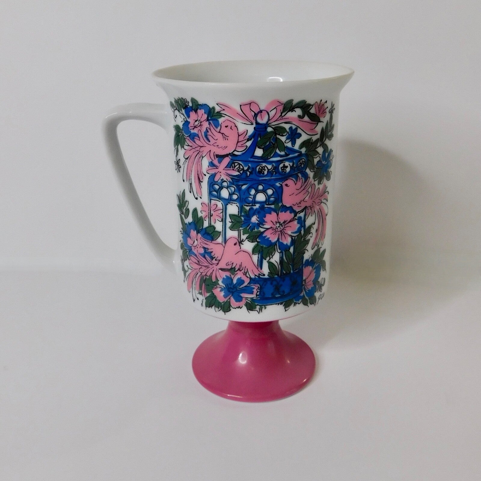 Vintage ARNART 5th Ave Birds Floral Footed Pedestal Mug Coffee Tea Pink White