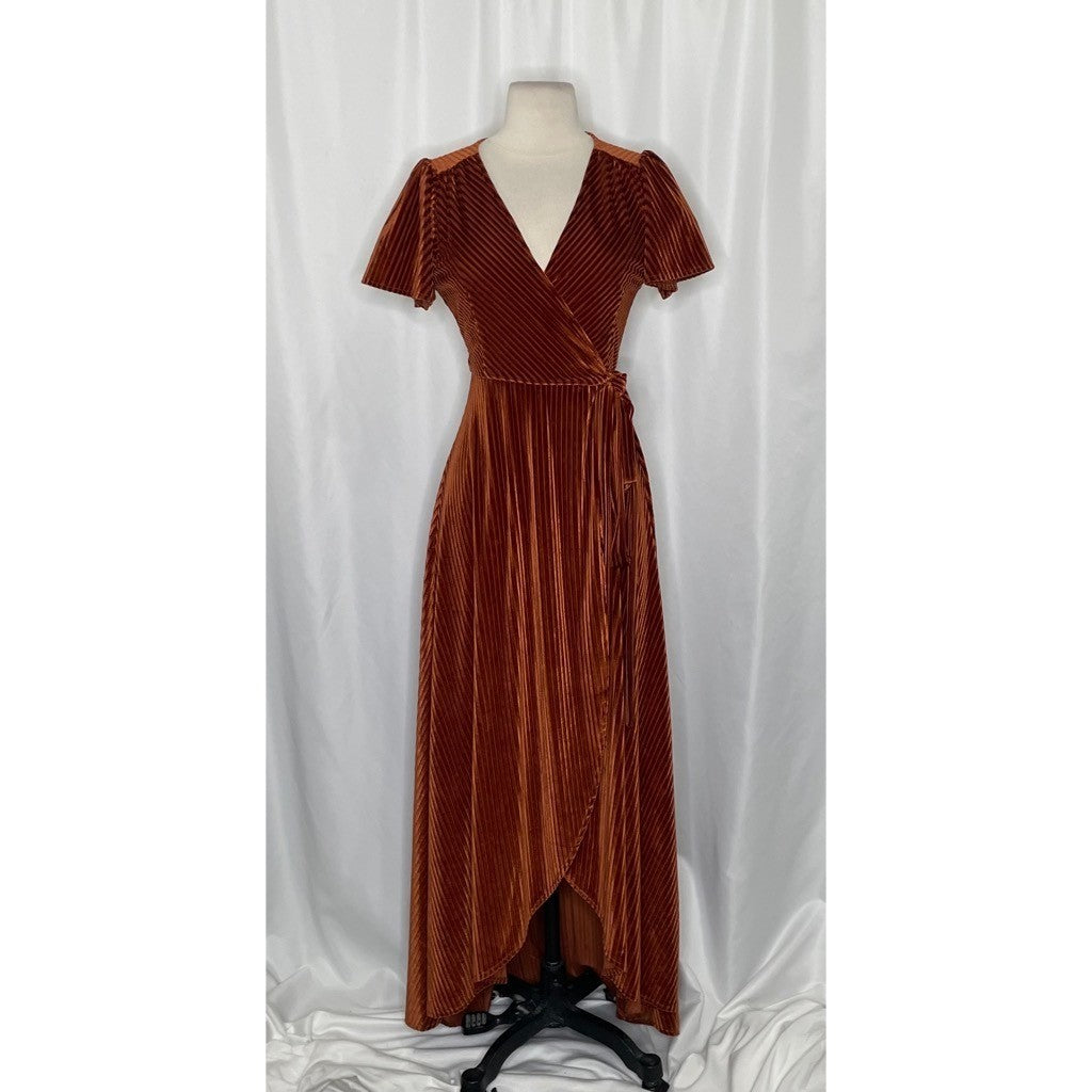 BALTIC BORN Andi Velvet High Low Maxi Dress Ribbed Party Holiday Copper Rust XS