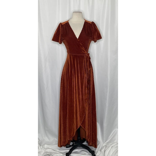 BALTIC BORN Andi Velvet High Low Maxi Dress Ribbed Party Holiday Copper Rust XS