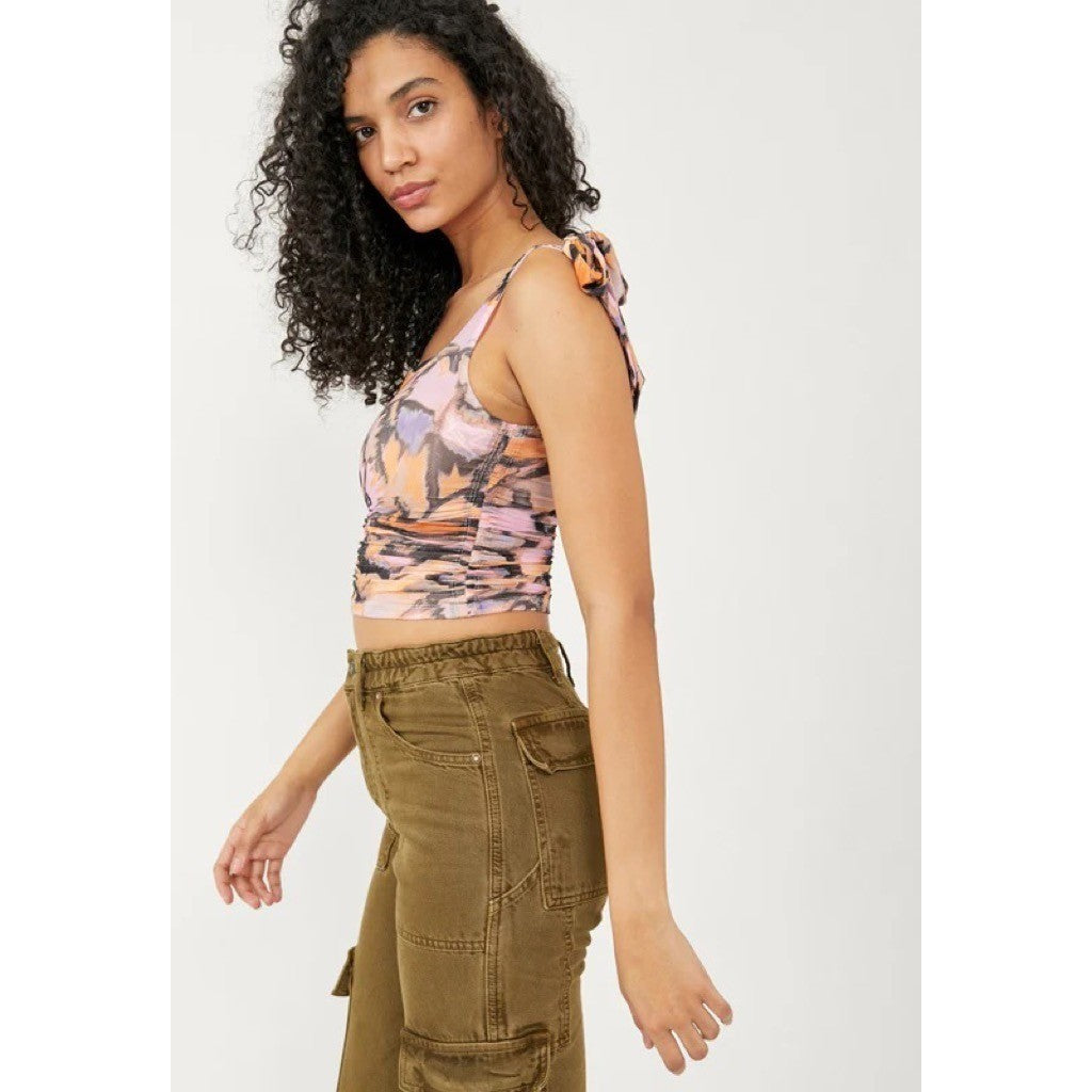 FREE PEOPLE Avenue Tank Top Tie Shoulders Scoop Neck Pink Combo Retro Medium