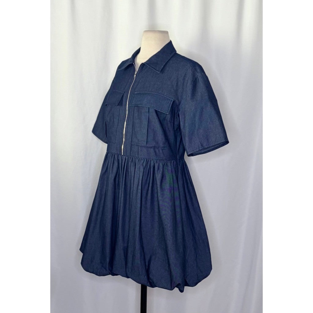 Anthropologie MARE MARE Short Sleeve Denim Bubble Hem Mini Dress Pockets Small