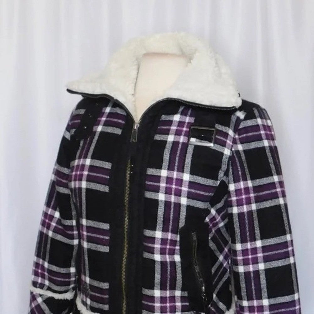HARLEY-DAVIDSON Purple Black Plaid Fleece Sherpa Lined Coat Moto Motorcycle S