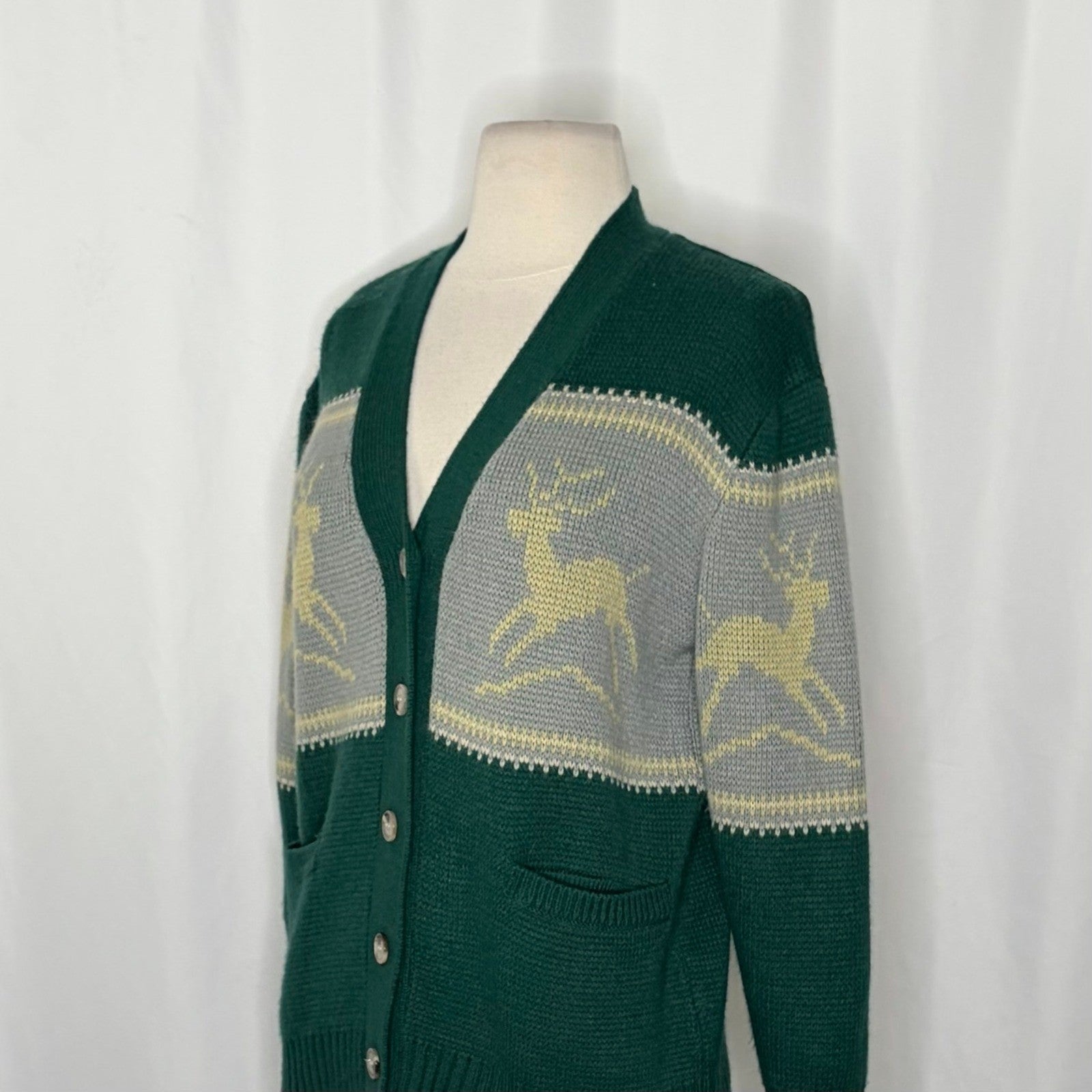 Anthropologie TINY Reindeer Cardigan Sweater Wool Blend Pockets Green X-Small