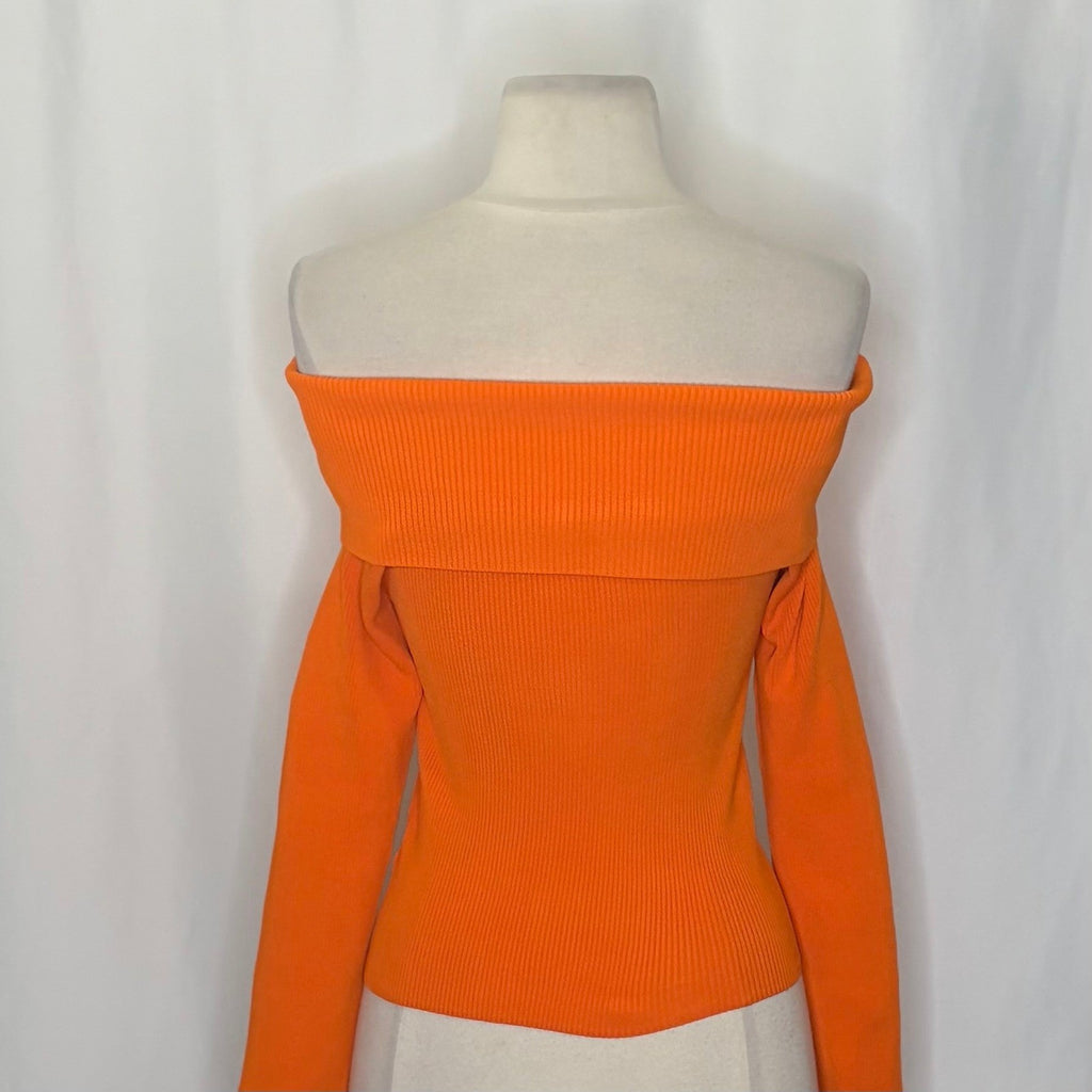 ALICE + OLIVIA Dolan Pullover Orange Blaze Knit Off The Shoulder Sweater Small
