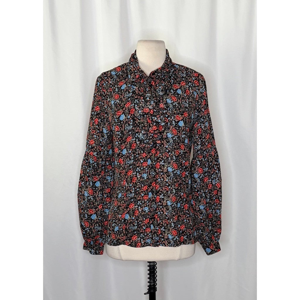 FREE PEOPLE Black Floral Ruffled Poet Top Blouse Buttondown Bohemian Medium