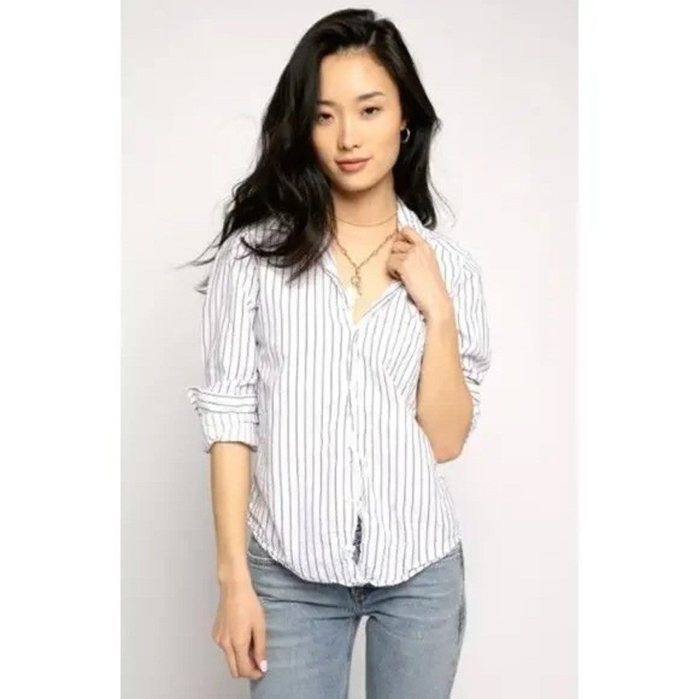 FRANK & EILEEN Crinkle Barry Buttondown Top Blouse White Blue Dotted Small