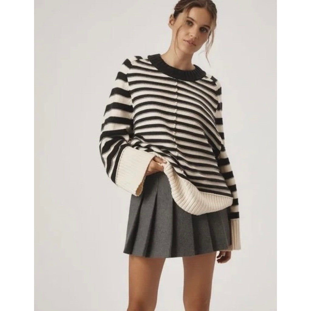 Anthropologie MAEVE The Chandler Crew Neck Relaxed Sweater Striped Gray Medium