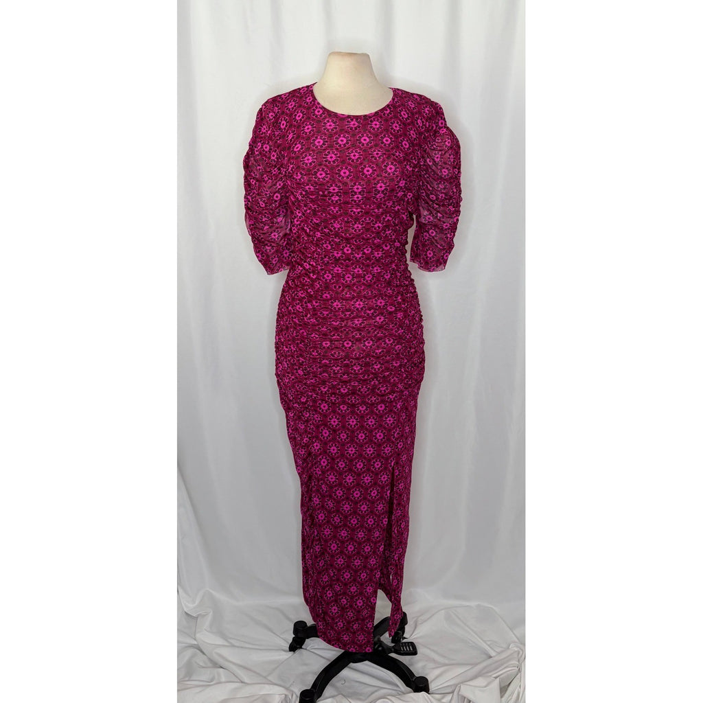 FREE PEOPLE Briella Dress Floral Ruched Midi Fuchsia Combo Ruching Party Large