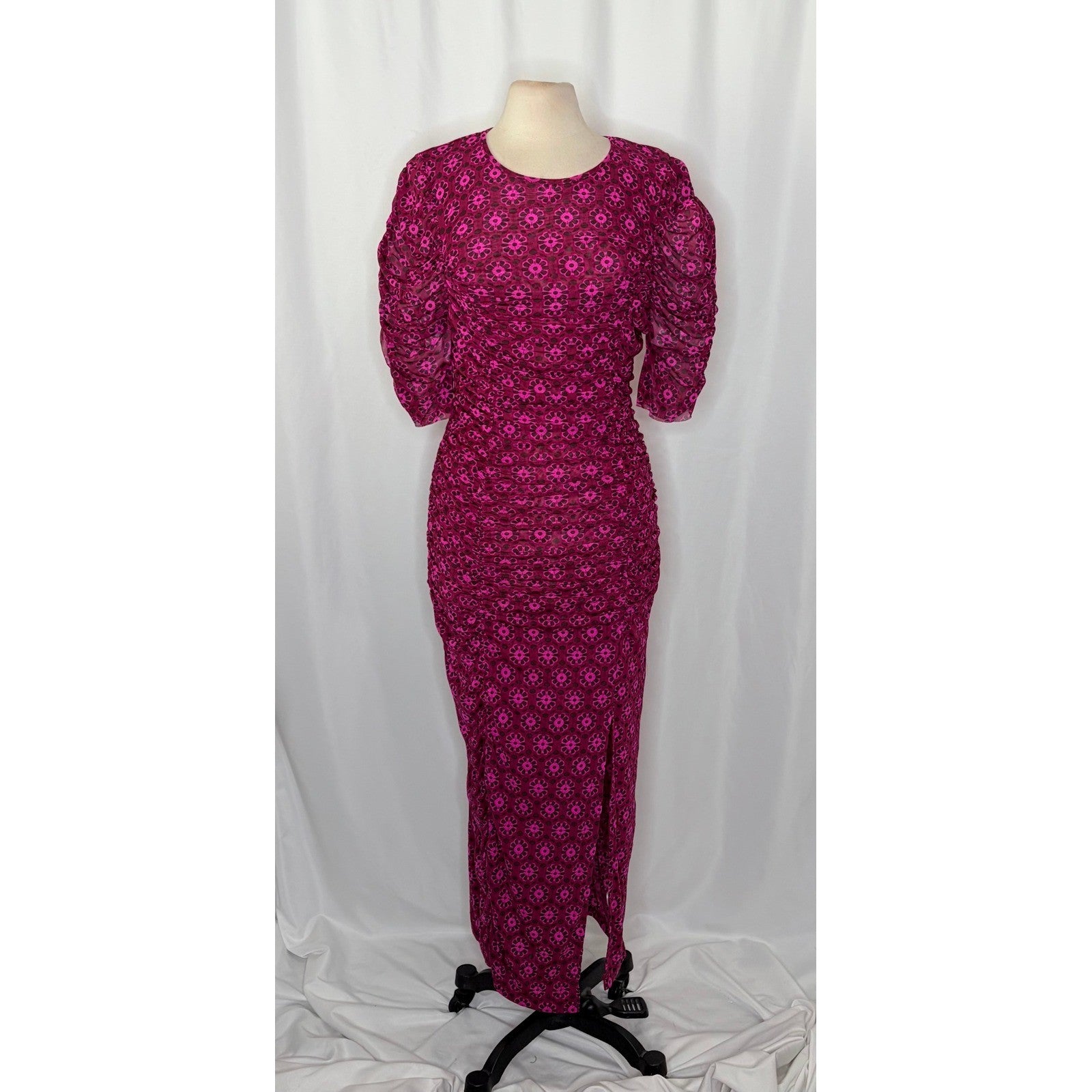 FREE PEOPLE Briella Dress Floral Ruched Midi Fuchsia Combo Ruching Party Large