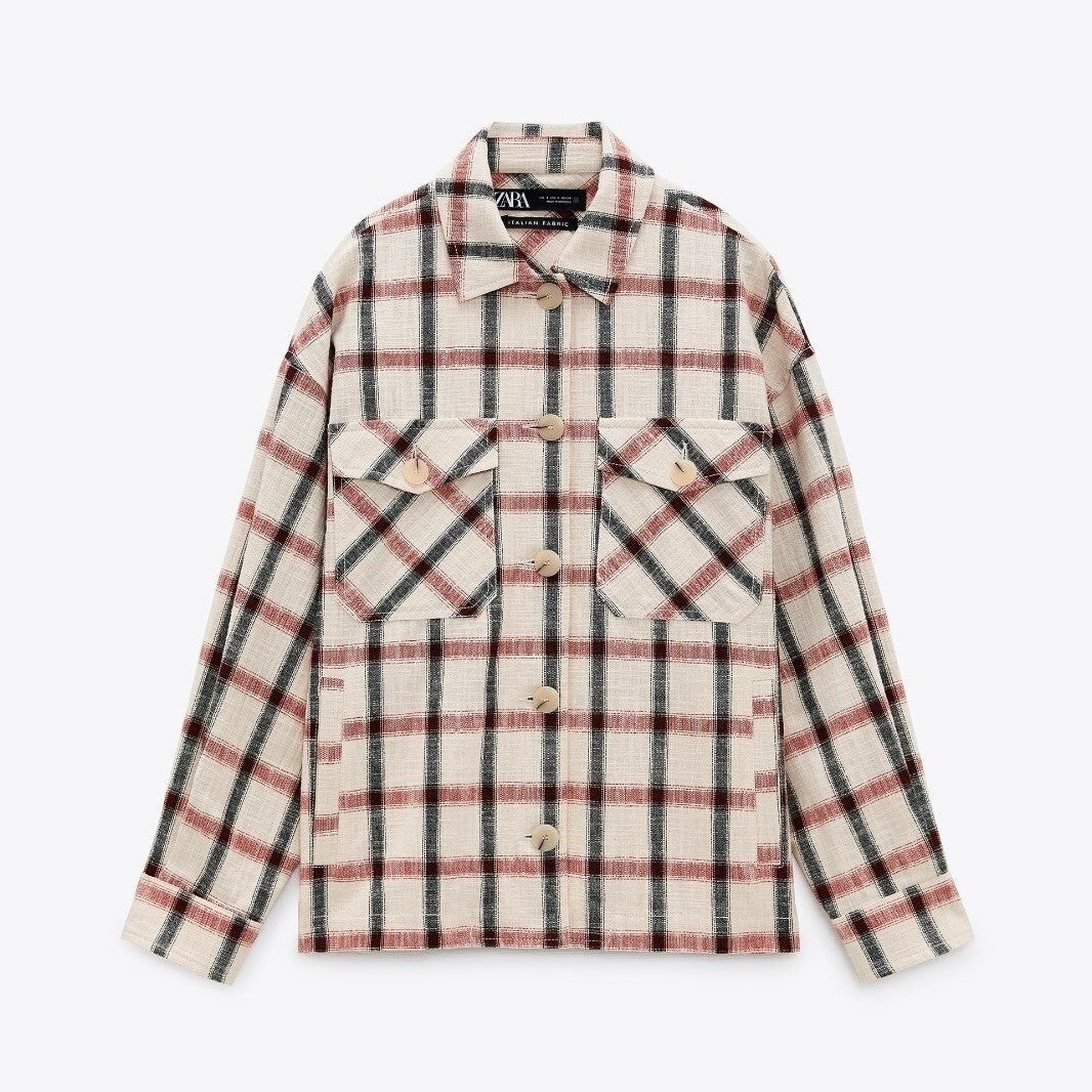 NWT!! ZARA Plaid Oversized Buttondown Shirt Red White Black Pockets Retro Small