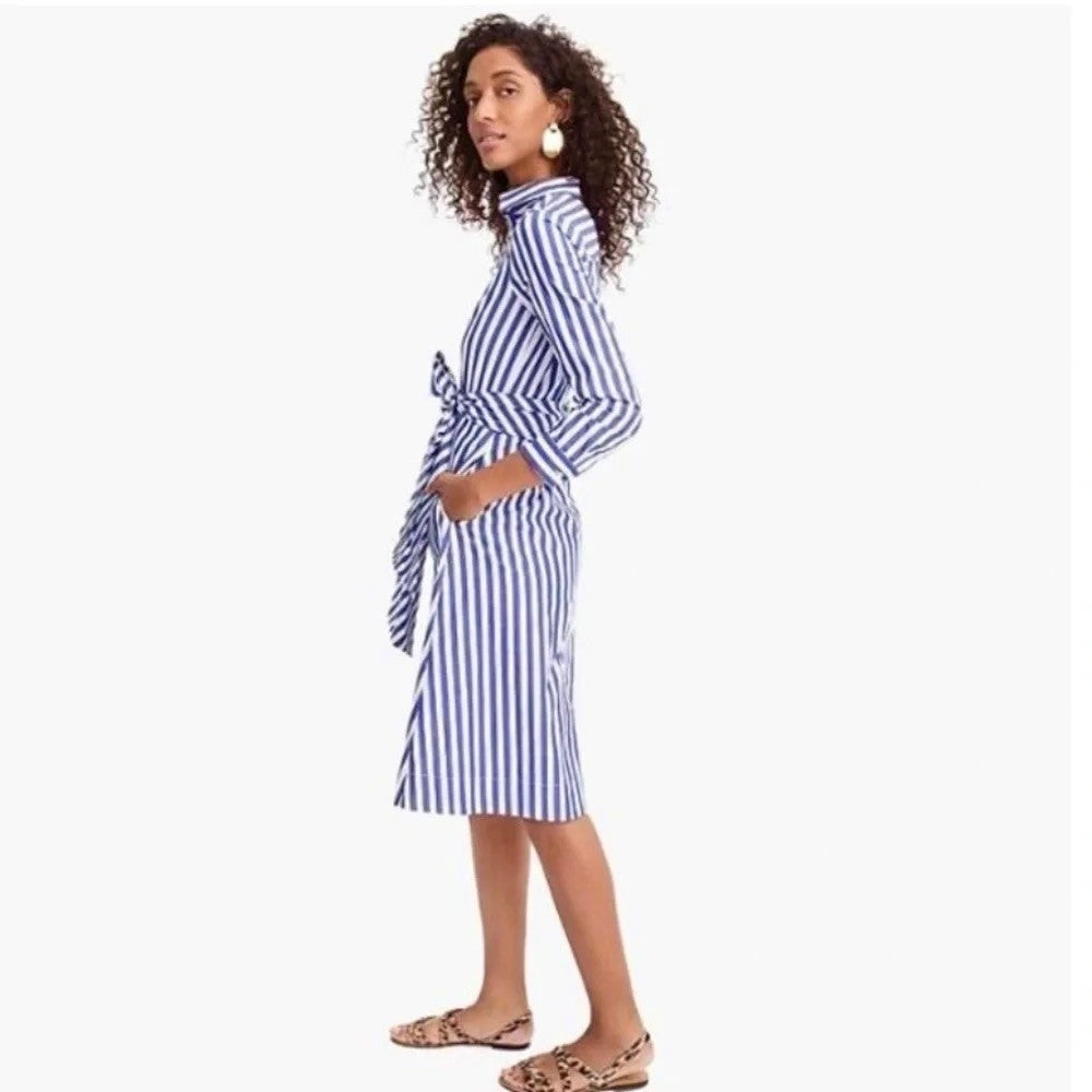 J. CREW Lighthouse Tie Waist Shirtdress Blue White Stripe Shirt Dress Size 0