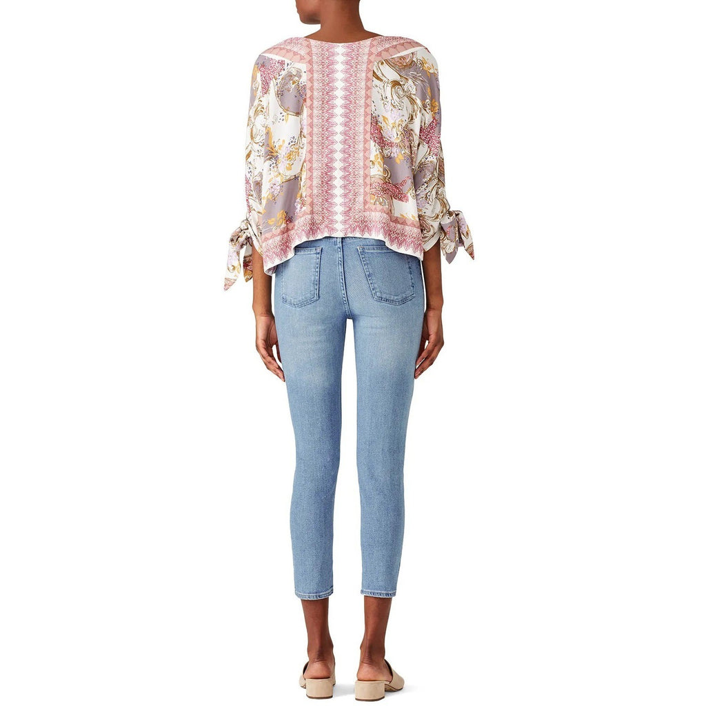 FREE PEOPLE Catch Me If You Can Top Blouse Boho Floral Tie Sleeves Pink Small