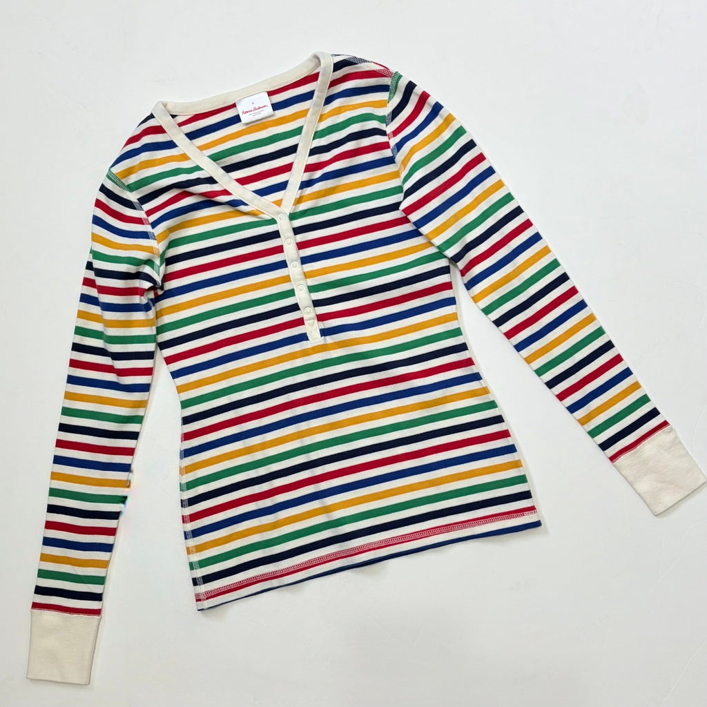 Women's HANNA ANDERSSON 2 Piece Multi Stripe Pajamas Henley Organic Cotton Small