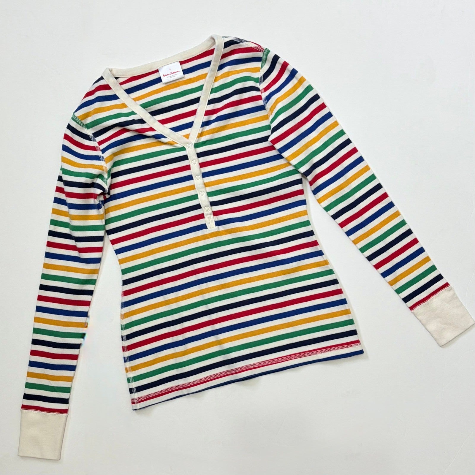 Women's HANNA ANDERSSON 2 Piece Multi Stripe Pajamas Henley Organic Cotton Small