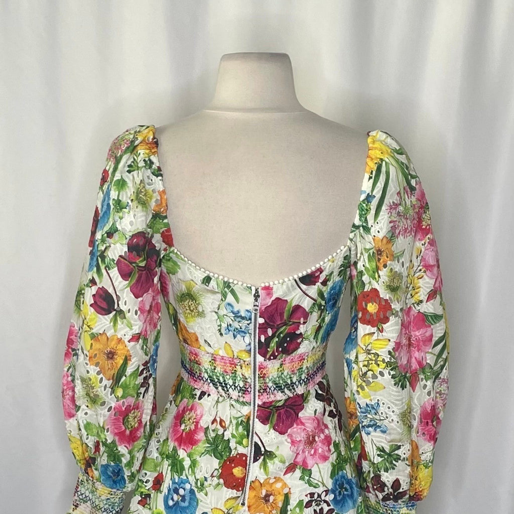 ALICE + OLIVIA Crawford Sweetheart Mini Dress Floral Puff Sleeves Lace Up Size 0