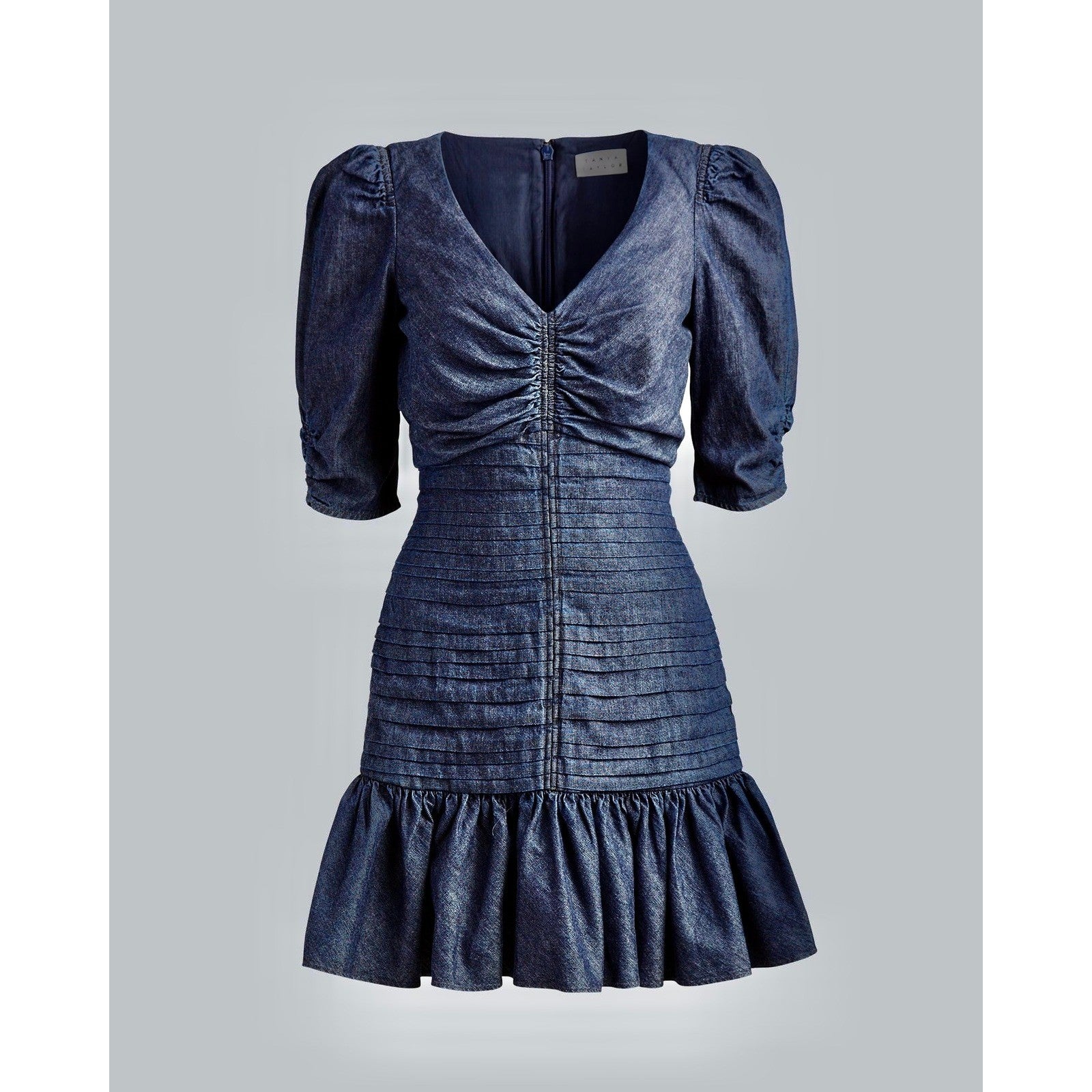 TANYA TAYLOR Pansy Dress Blue Denim Pleated Mini Puffed Sleeves Flirty Size 6