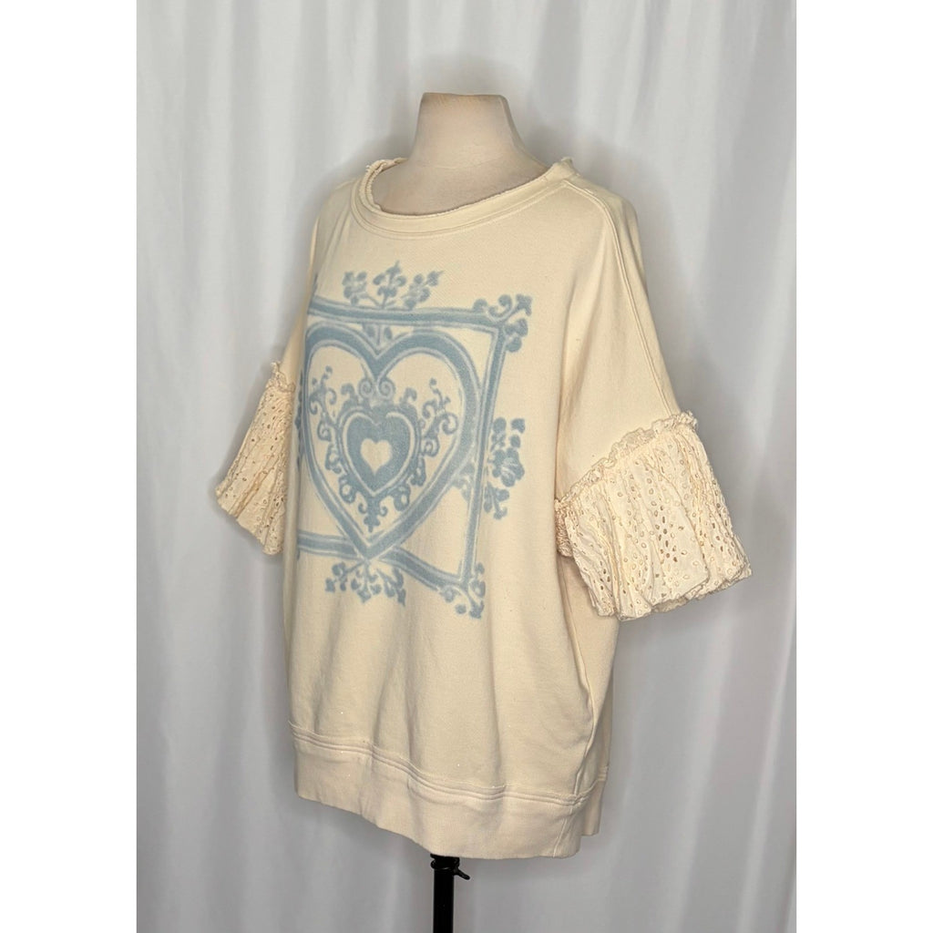 NWT!! FREE PEOPLE Doily Sweatshirt Heart Ivory Blue Eyelet Lace Bohemian Small