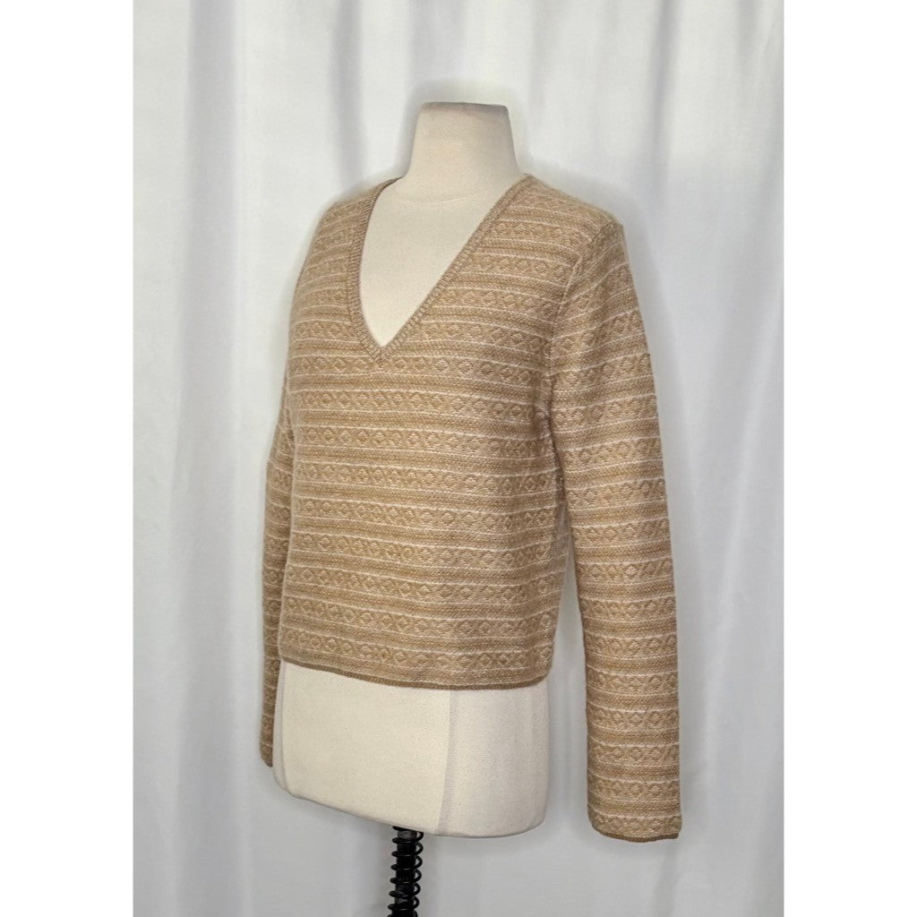 VINCE Cashmere Fair Isle V Neck Sweater Sandshell Combo Preppy Pullover Medium