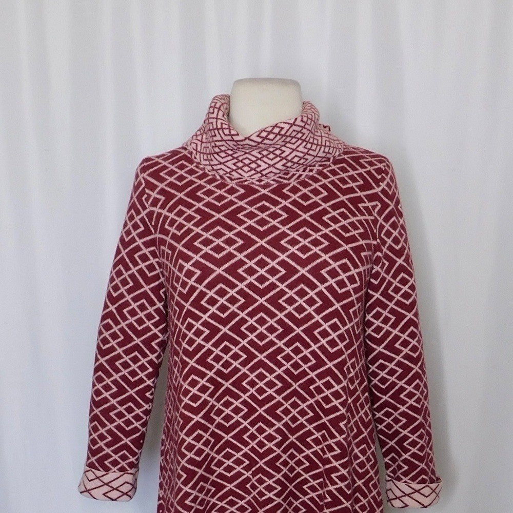 Anthropologie MOTH Galena Cowl Neck Sweater Maroon Pink Jacquard Geometric Small