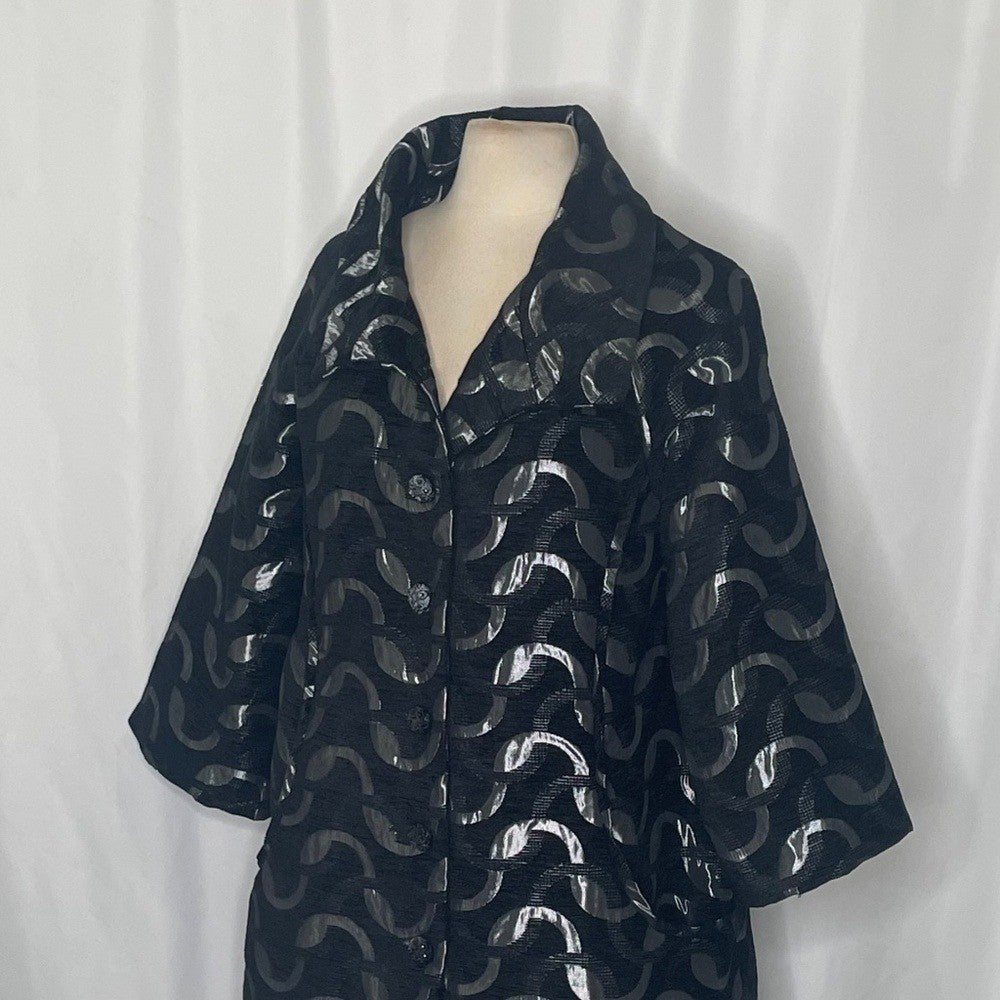 DESIGUAL Black Silver Jacquard Coat Pockets Embellished Buttons Chic 44 / Large