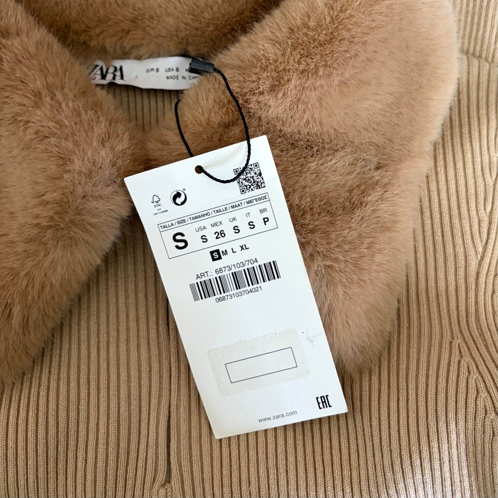 NWT!! ZARA Faux Fur Lapel Knit Sweater Tan Light Brown Zipper Pullover Small