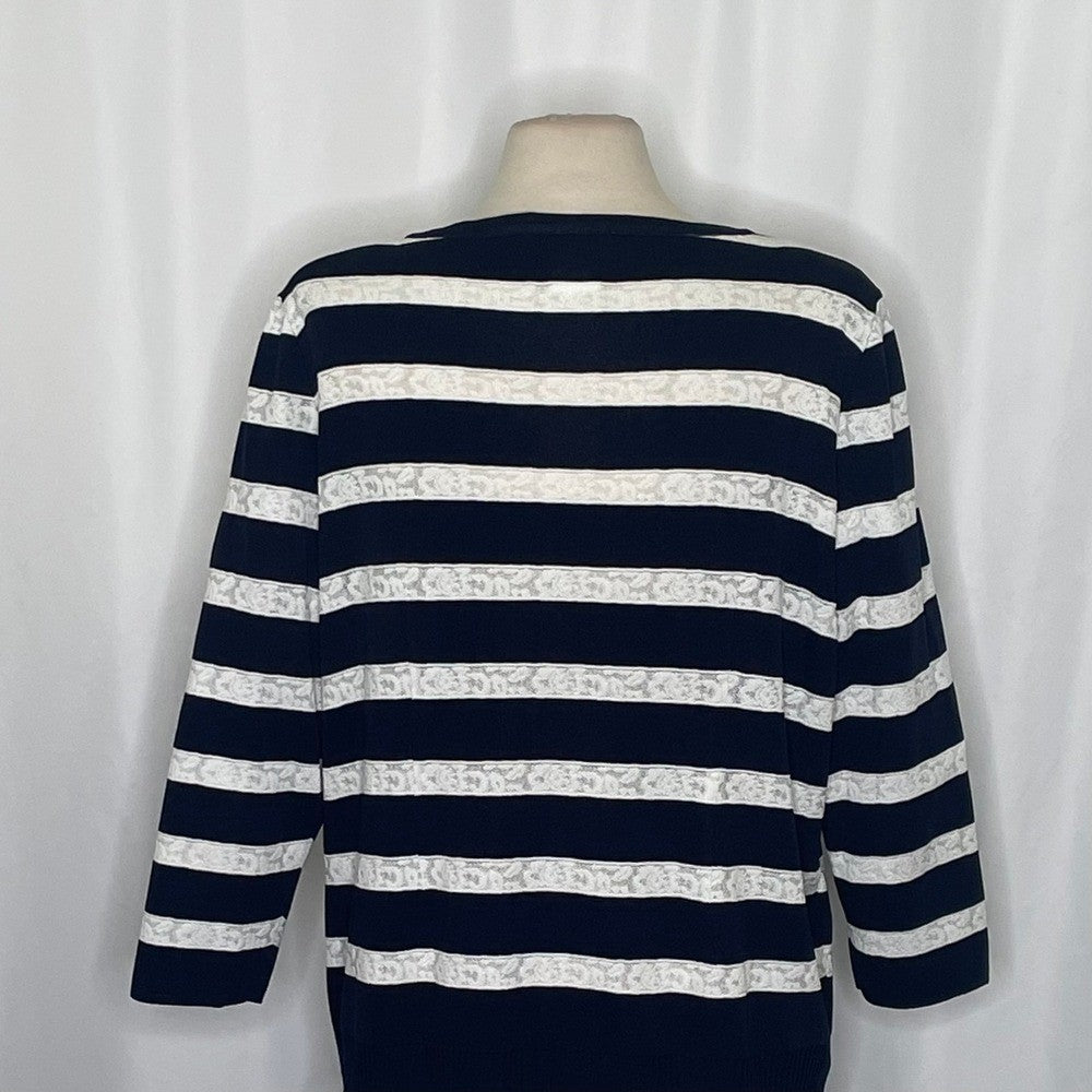 Exclusively MISOOK Navy Blue White Striped Cardigan Sweater Ruffled X-Large