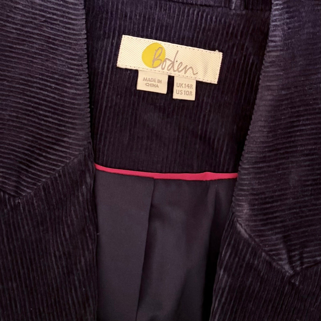 BODEN Navy Blue Corduroy Blazer Jacket Single Button Flap Pockets Preppy Size 10