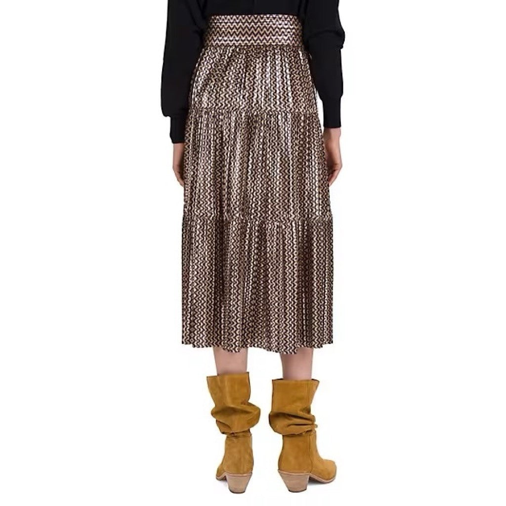 BA&SH Pleated Jupe Poly Midi Skirt Chevron Stripe Foil Metallic Tiered Size 6
