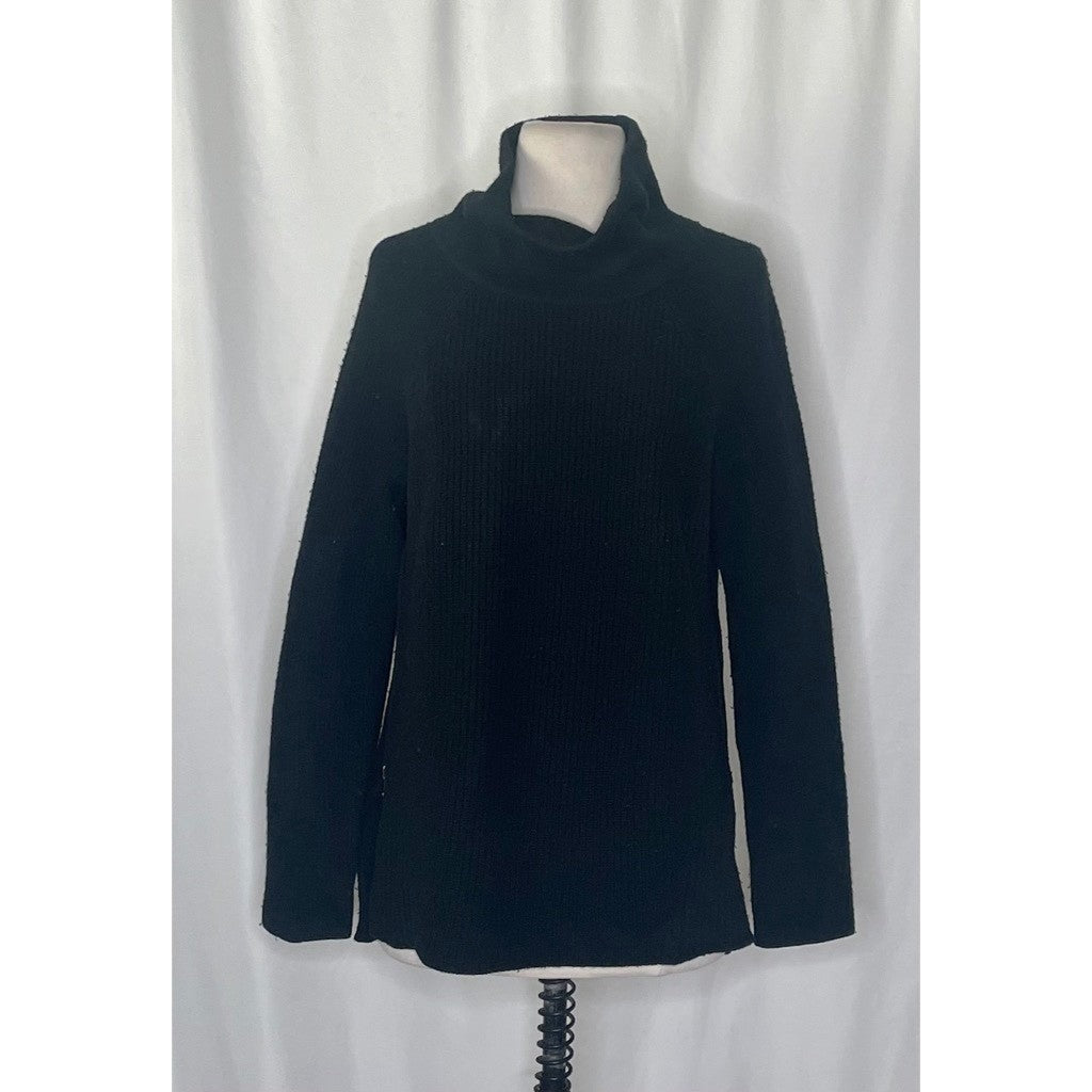 VINCE Cashmere Wool Ribbed Cowl Turtleneck Sweater Side Zipper Solid Black Small