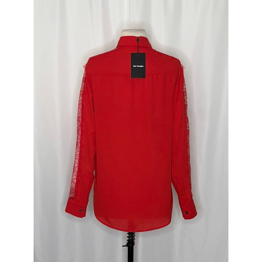 NWT!! THE KOOPLES Red Crepe Lace Shirt Blouse Buttondown Valentine Solid X-Small