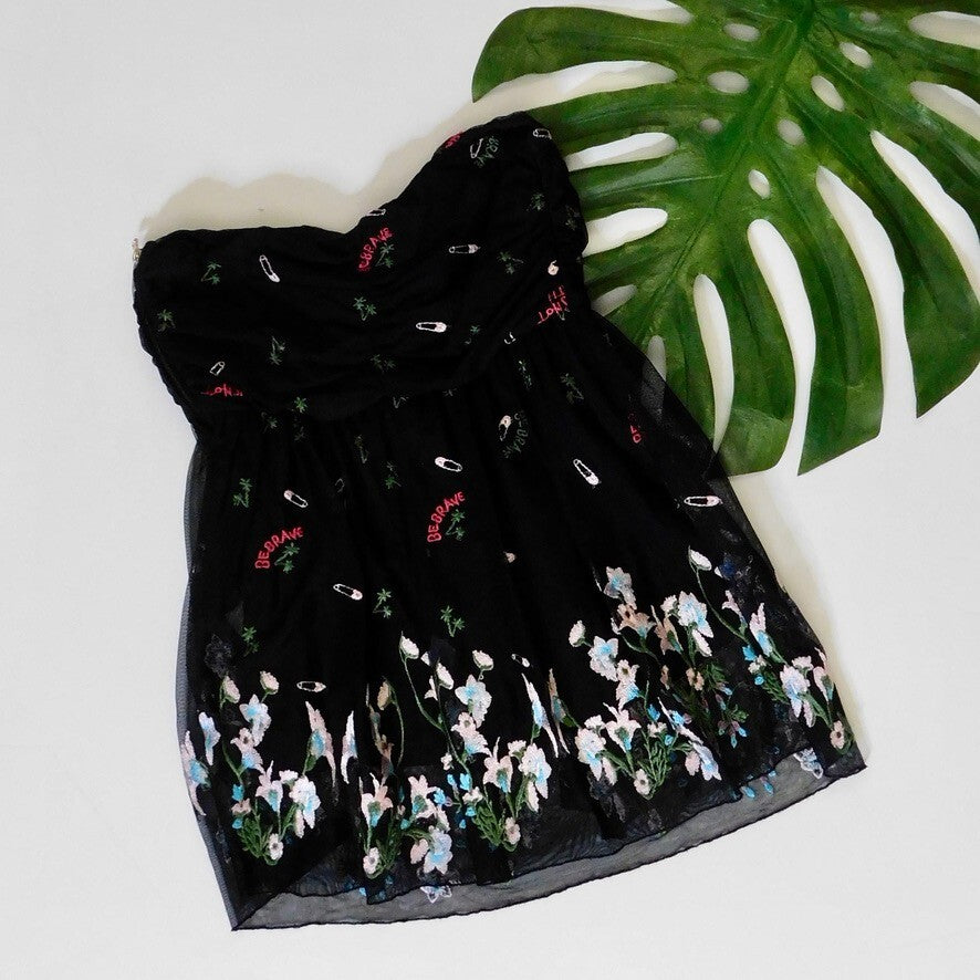 PATRIZIA PEPE Embroidered Tulle Top Strapless Floral Punk Size 40 US 4
