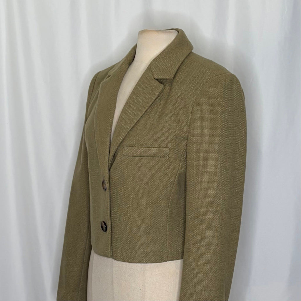 By ANTHROPOLOGIE Cropped Blazer Tailored Jacket Moss Green Solid Textured 10