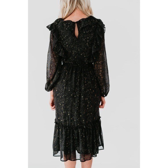 BY THE RIVER Chiffon Midi Dress Ruffled Black Gold Stars Party Glam Star Small