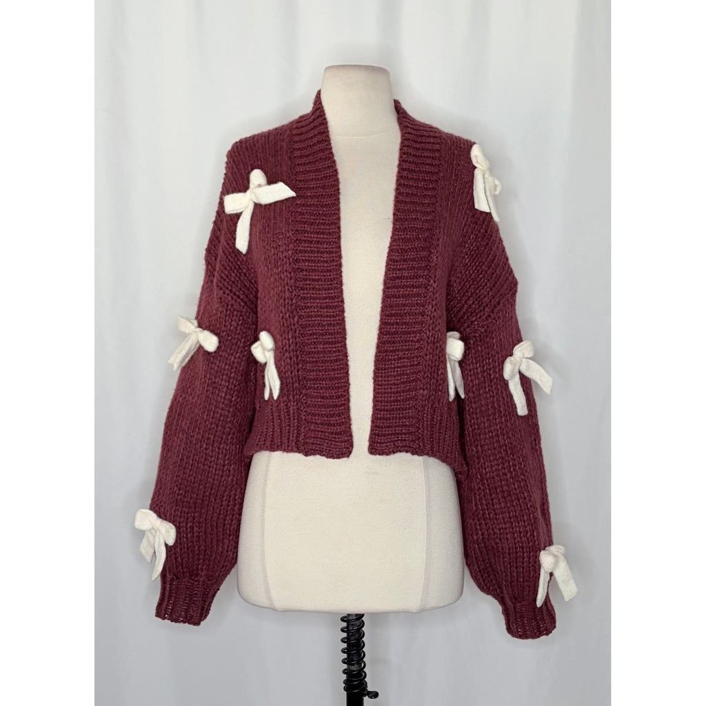 NWT!! Anthropologie MAEVE The Alicia 3D Bow Cropped Cardigan Dark Wine One Size