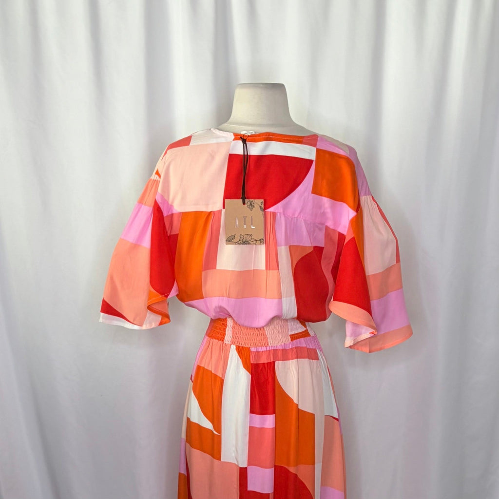 NWT! ATL ABEL THE LABEL Nova Maxi Dress High Low Pink Colorblock Abstract Medium