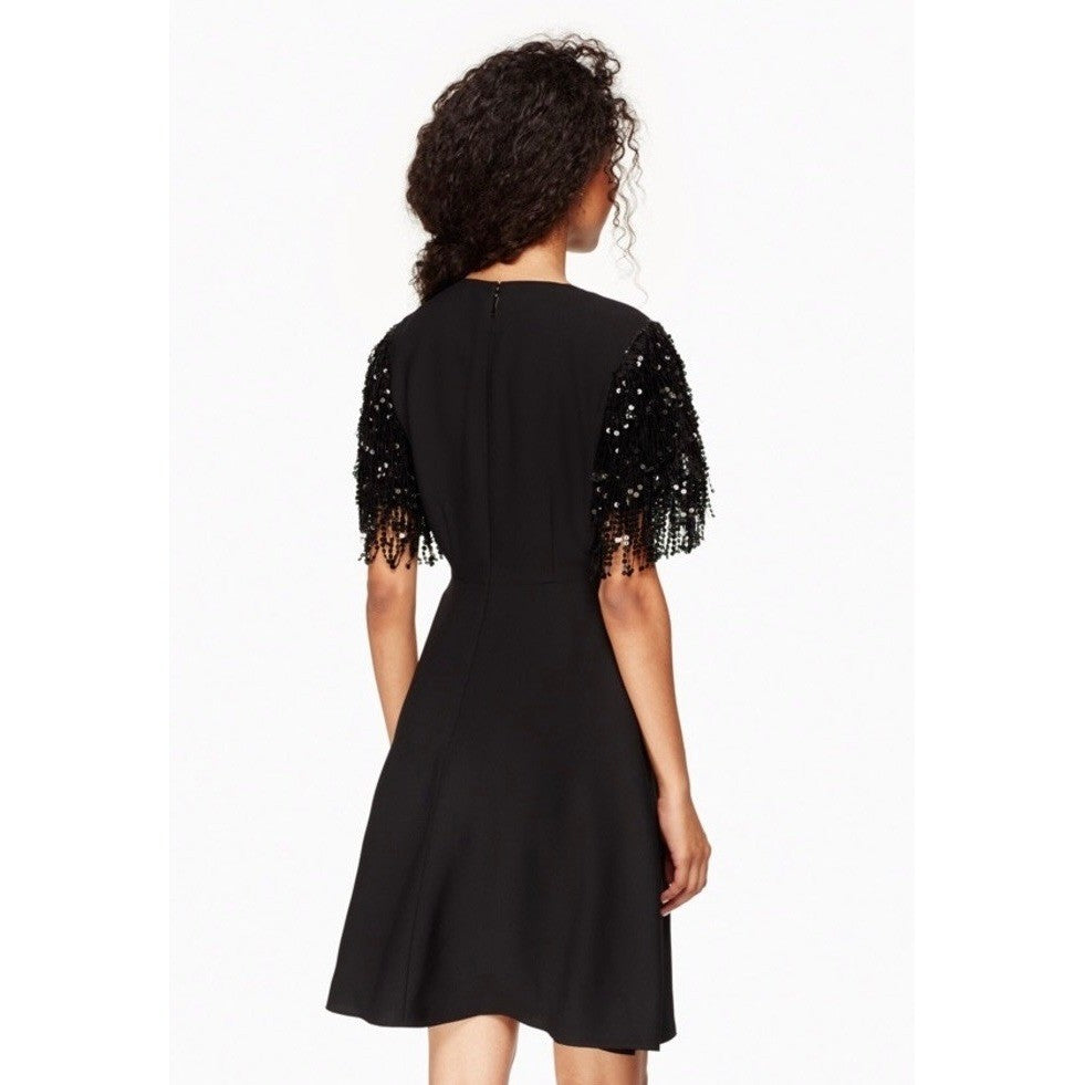 KATE SPADE Sequin Fringe Swing Dress Solid Black Party Glam Embellished Size 2