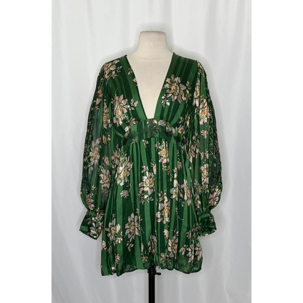 New Romantics FREE PEOPLE Midnight Blooms Dress Green Floral Embroidered Small