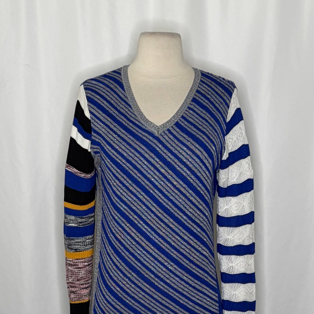 DESIGUAL Nieves V-Neck Pullover Sweater Colorful Stripes Metallic Large